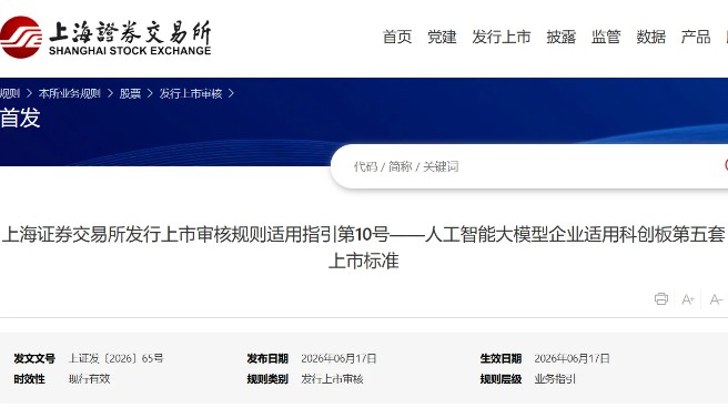 上交所：AI 大模型企业适用科创板第五套上市标准，在申报时至少有一个大模型产品已完成上线发布并实现规模化应用