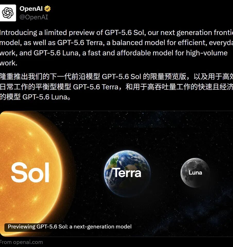 OpenAI GPT-5.6 Sol Terra Luna 发布